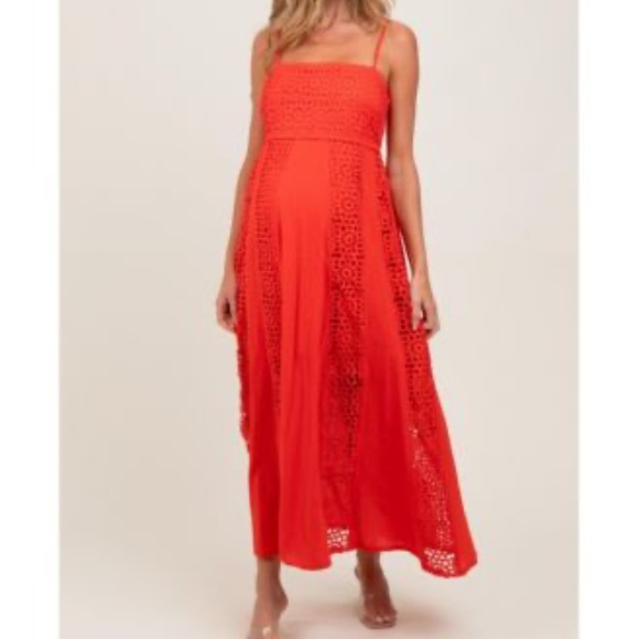 Pinkblush Dresses & Skirts - Maternity Coral Red Crochet Lace Paneled Maxi Dress